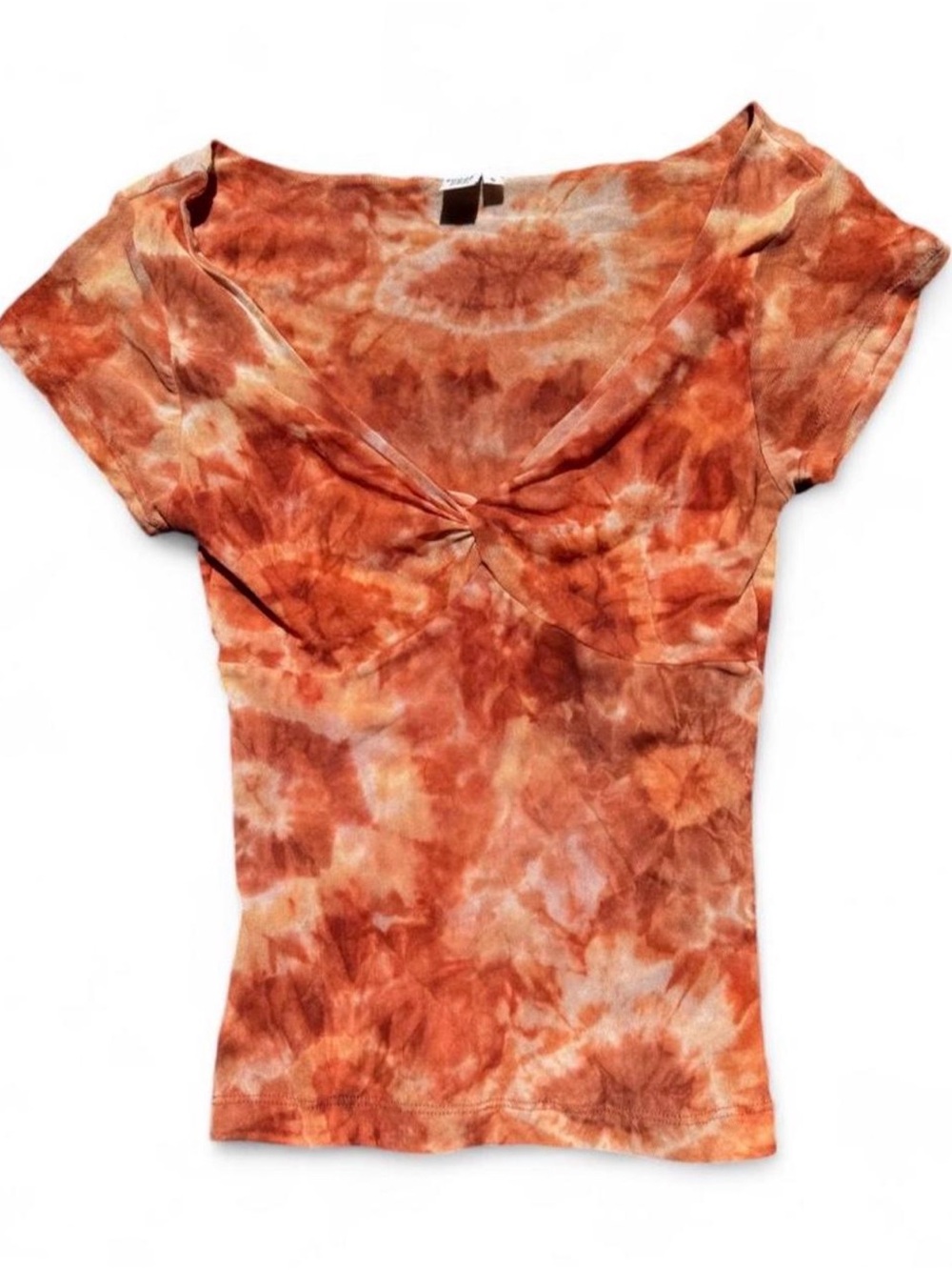 Vintage Sweet Pea Short-Sleeve Twist-Front Tie-Dye Fairycore Top in Rust Orange